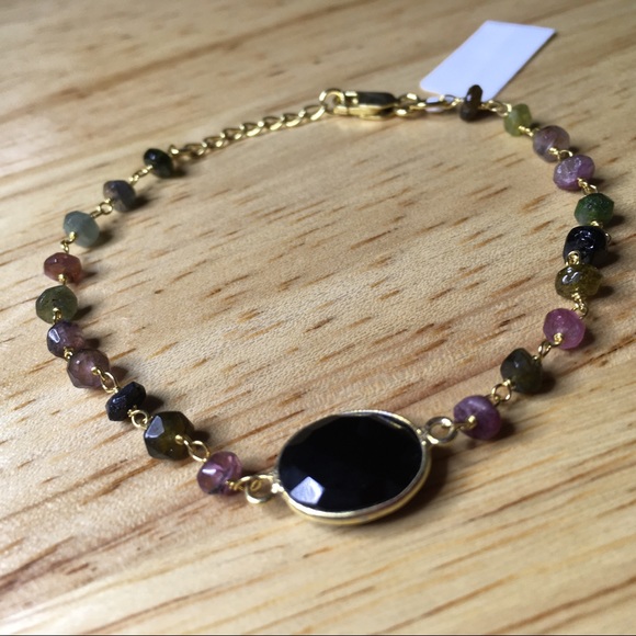 Black Onyx and Tourmaline 8" Bracelet Gold Plated over 925 Sterling Silver - Picture 7 of 7
